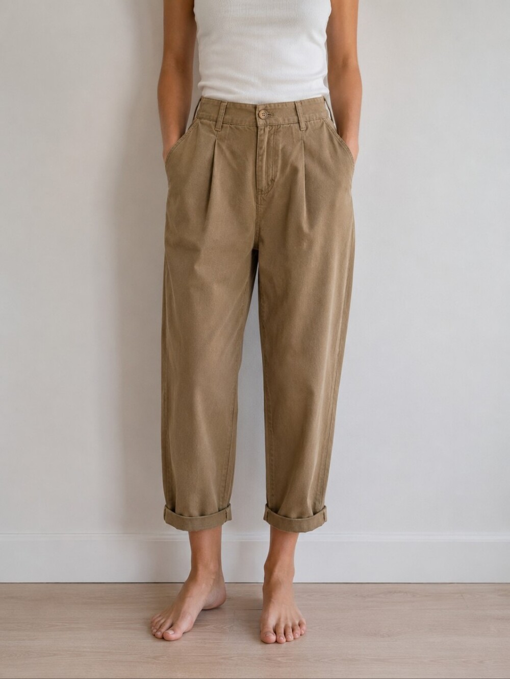 ZARA HIGH WAIST PLEATED CROPPED PANTS CAMEL TAN SIZE M